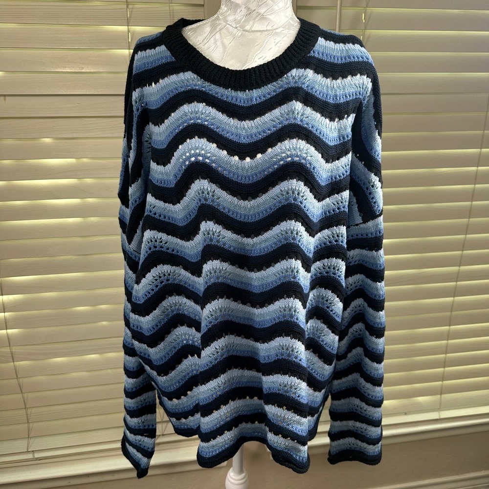 Chic Soul Sweater Women 3X Blue Black Chevron Wave Pointelle Knit 247011